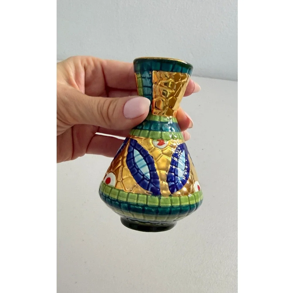 Lavorato A Mano Italian Pottery Bud‎ Vase Hand Painted 24K Gold Oro Zecchino 4